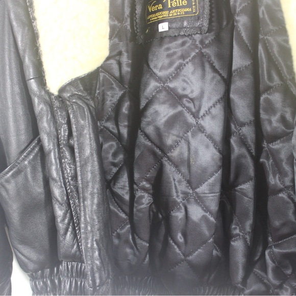 1980’s Italian Vintage Black Leather Bomber Jacket with Shearling Collar Sheep - Picture 5 of 10